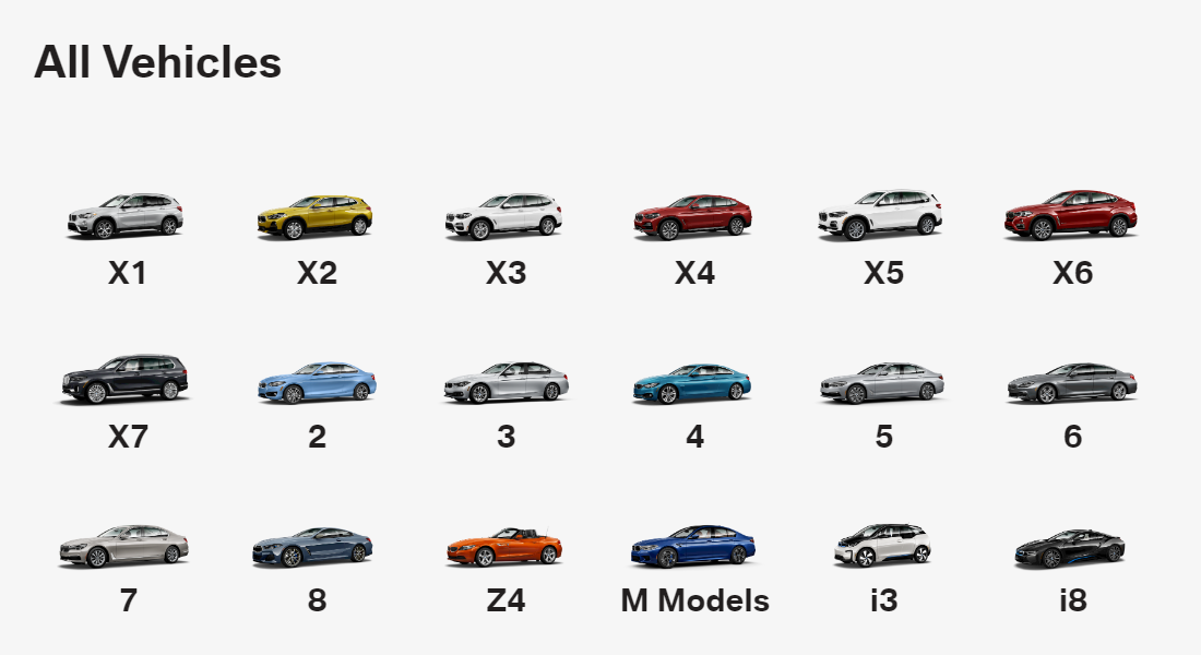 A screenshot of bmwusa.com showing the models available